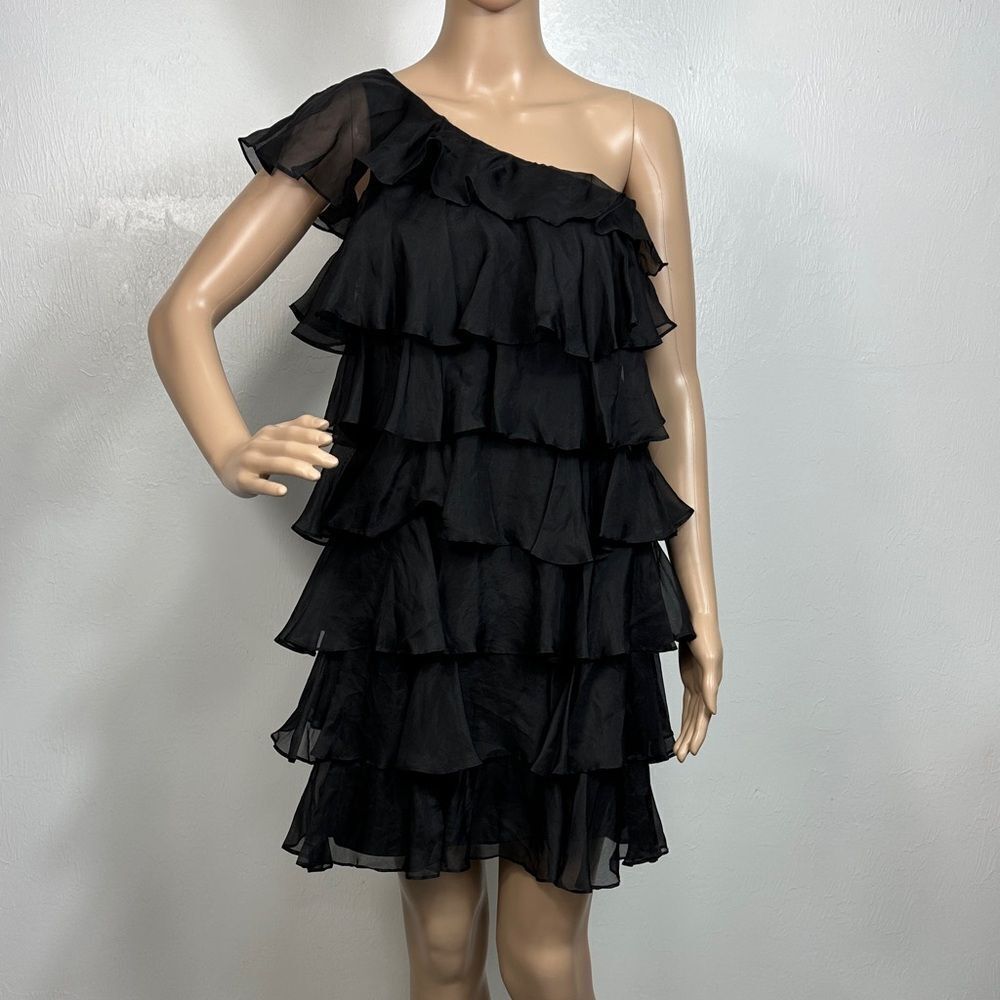 VICKY TIEL Black Silk One-Shoulder Ruffle Dress Size 2